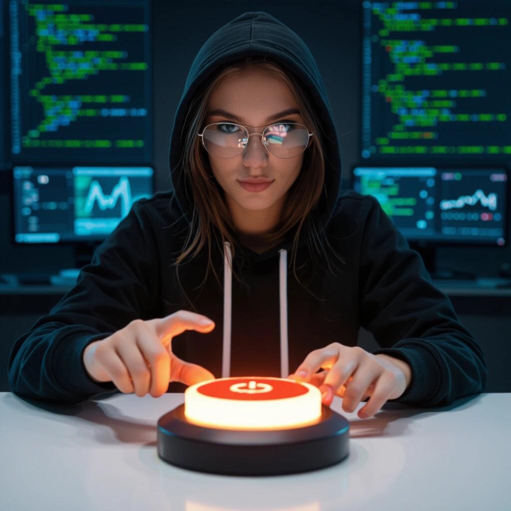 A female hacker in a black hoodie with glasses is pressing a large orange power button. Screens with code and data are displayed in the background.