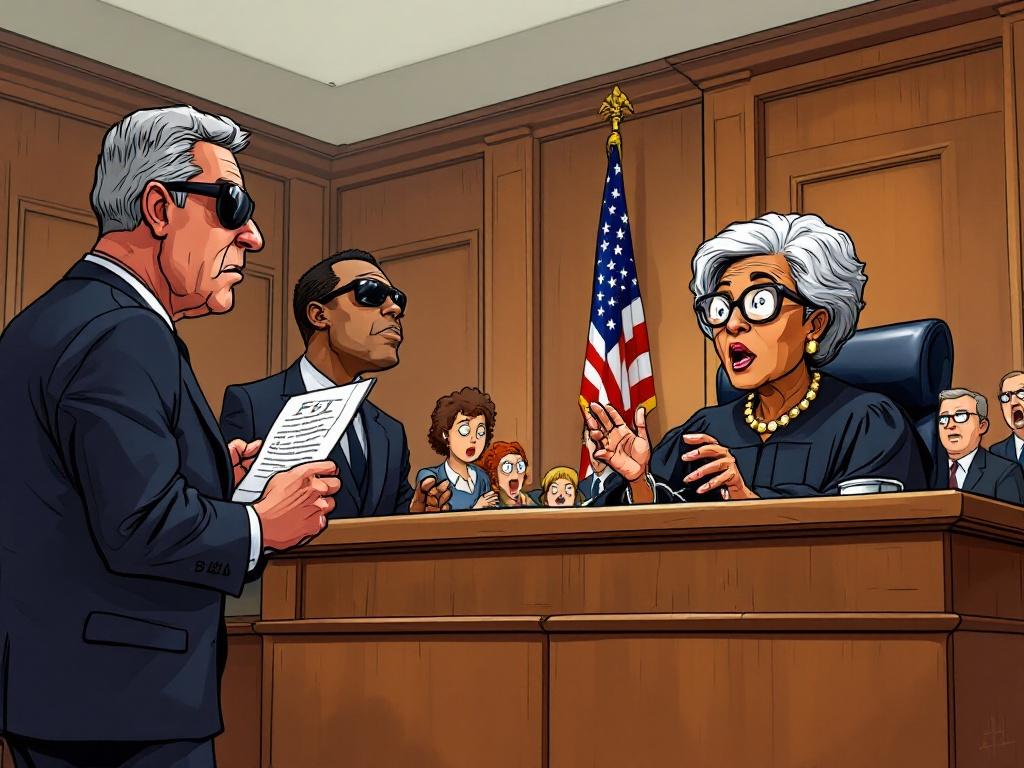 Cartoon-style courtroom scene with FBI agents arresting a surprised mature female judge. Characters include senior Afro-American judge in black robes with glasses and agents in dark suits and sunglasses. Background features wooden decor, U.S. flag and shocked spectators. Bold colorful and exaggerated style.