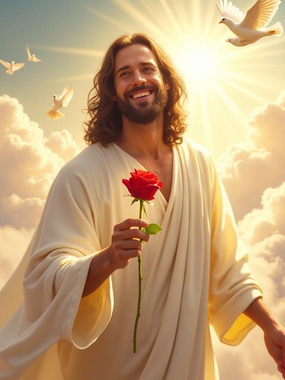 Realistic portrait of a smiling man resembling Jesus Christ. Bright heavenly setting above the clouds. Long wavy brown hair and full beard. Wearing a glowing white robe with golden highlights. Holding a single red rose toward the viewer. Warm gentle smile. Background of light beams, fluffy clouds and flying doves. Divine atmosphere conveying peace, love and grace.