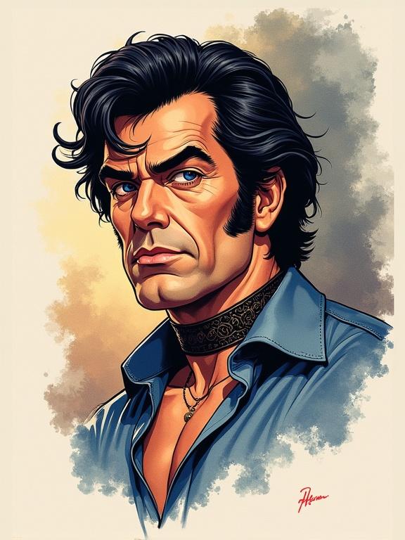 An illustration features a male figure with a black choker. The character displays a stylish look with defined hair and clothing. The artwork is done in pen and colored wash. The image is square and centered. It represents a commission for an artistic portfolio, showcasing a high-quality digital rendering.