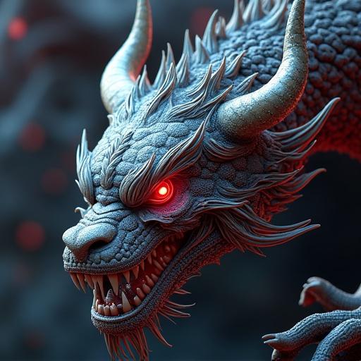 A close-up view of a highly detailed photorealistic dragon. The dragon appears fierce with red glowing eyes and intricate scales. The background presents a dark, mysterious atmosphere that enhances the dragon's intimidating presence. The dragon's mouth reveals sharp teeth, conveying a dramatic and menacing look. Dynamic composition and vibrant colors elevate the character's impact. This artwork invokes elements from fantasy genres and dragon lore.