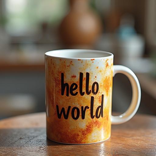 A mug displaying the words 'hello world' resting on a wooden table. The background features a blurred kitchen environment. Soft natural lighting enhances the warm feel of the image.