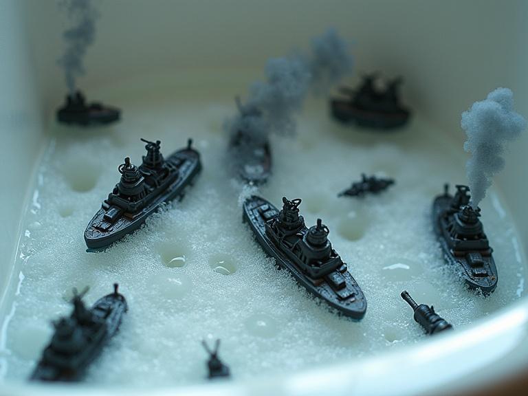 A hyper-realistic photograph showing tiny navy battle in a porcelain kitchen sink. Miniature warships engage in combat among soap suds as waves. Smoke rises from toothpick cannons. Submerged toy submarines create shadows. Overhead kitchen lighting provides stark contrasts and reflections on wet surfaces. Detailed imperfections highlight the scene's lifelike quality. The viewer's perspective is low, focused on the miniature conflict.