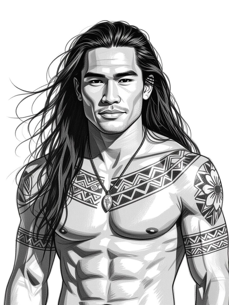 Black and white drawing sketch style showing a young Polynesian man with long hair and tattoos on the body. Emphasizes his physique and rich tattoo details.
