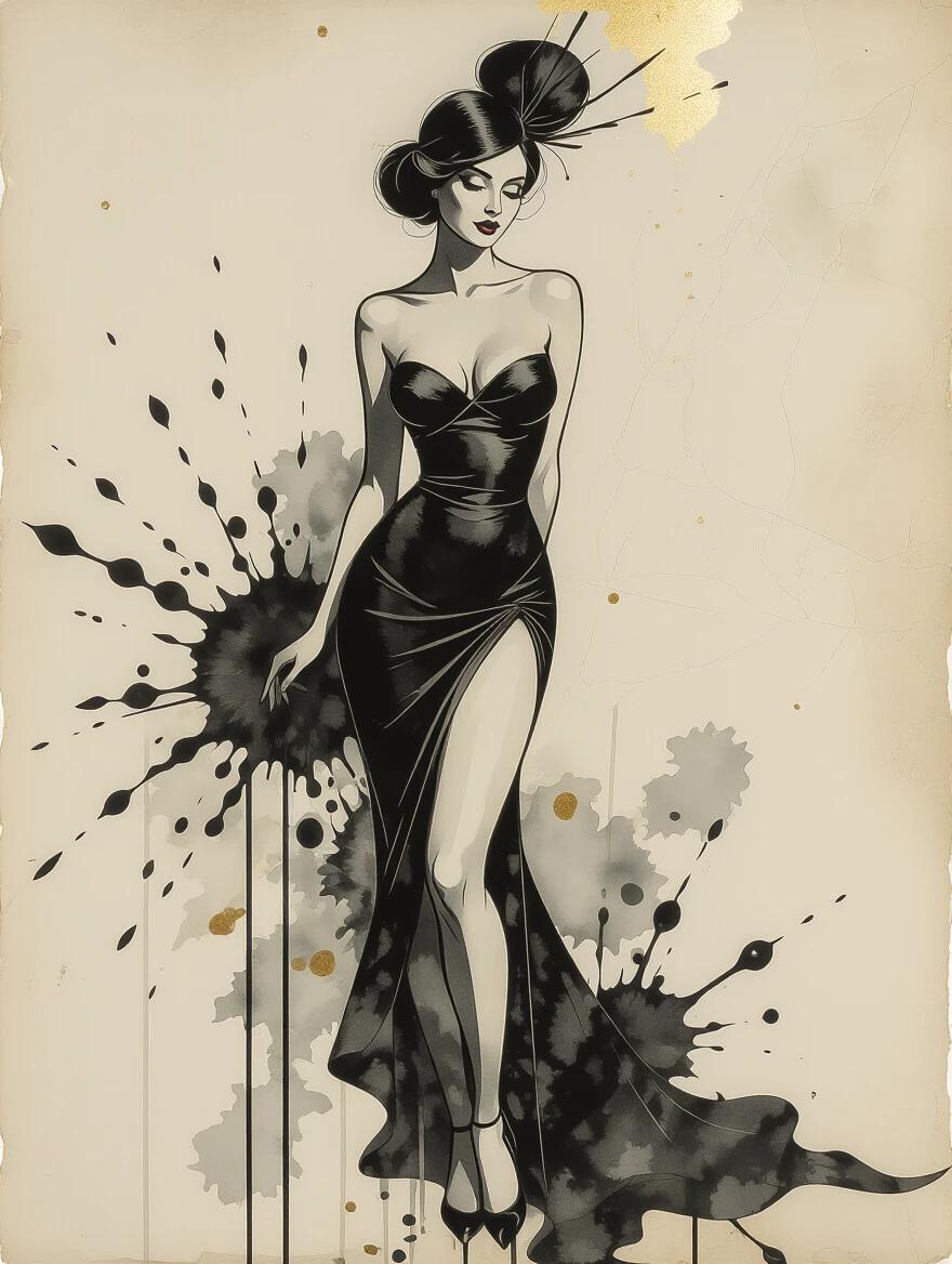Stylized figure of a woman in an elegant black dress. Dress is fitted and has a high slit. Silhouette captures confidence and femininity. Ink wash technique gives an artistic splash effect. Gold hints add luxury. The piece is on weathered parchment paper with a distressed texture.