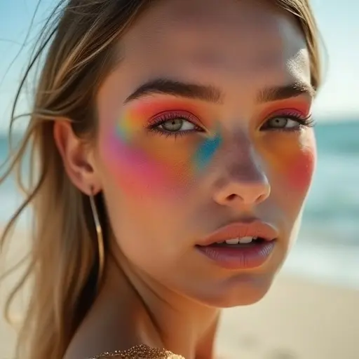 Close-up of a model’s face showcasing bold beach-inspired makeup. Soft beach sand and gentle ocean waves in the background. Shot with a Fujifilm GFX 100S using an 80mm f/1.7 lens. Soft bounce light illuminates the model's skin, enhancing the vivid makeup colors. Eye-level perspective with a slight head tilt.