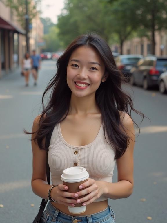 A young Asian woman smiles while walking in the street. She wears a beige button crop top and holds a coffee cup. The background features cars and trees. She has a beautiful face and a confident look. Scene captures natural sunlight.