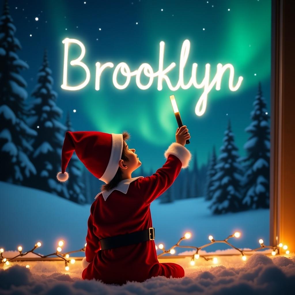 A child dressed as an elf is captured in a magical winter setting. With their back to the viewer, the child holds a wand, writing the name 'Brooklyn' in glowing light. Above, the enchanting northern lights illuminate the night sky, providing a stunning backdrop. Snow-covered trees surround the scene, while twinkling lights create a warm and inviting foreground. The overall mood radiates joy and cheer, embodying the spirit of the holiday season.