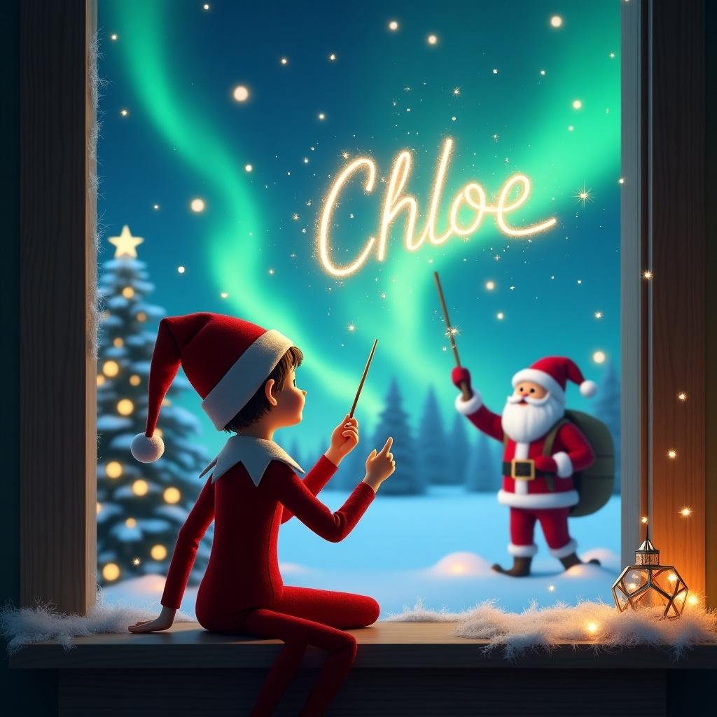 A whimsical scene captures the essence of Christmas magic. An elf is seated on a windowsill, with his back to the viewer, gazing in awe at the sky. He's delicately using a wand to inscribe 'Chloe' in shimmering light. Outside the window, Santa can be seen with a sack, adding to the festive charm. The backdrop features vibrant northern lights illuminating a snowy landscape. The cozy room is adorned with festive decorations, creating a heartwarming atmosphere.