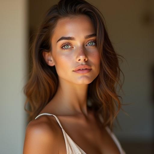A woman with radiant skin and symmetrical facial features. Eyes are captivating with vibrant colors. Hair is styled beautifully with a natural shine. Faces evokes elegance and warmth. A balanced body in a natural pose, wearing form-fitting clothing. Background is softly blurred with warm lighting.