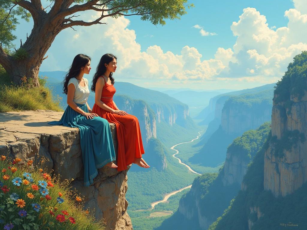 Two women sitting on a cliff edge overlooking a vast canyon with a river running through it, wearing elegant dresses with flowers nearby, under a clear sky with clouds.