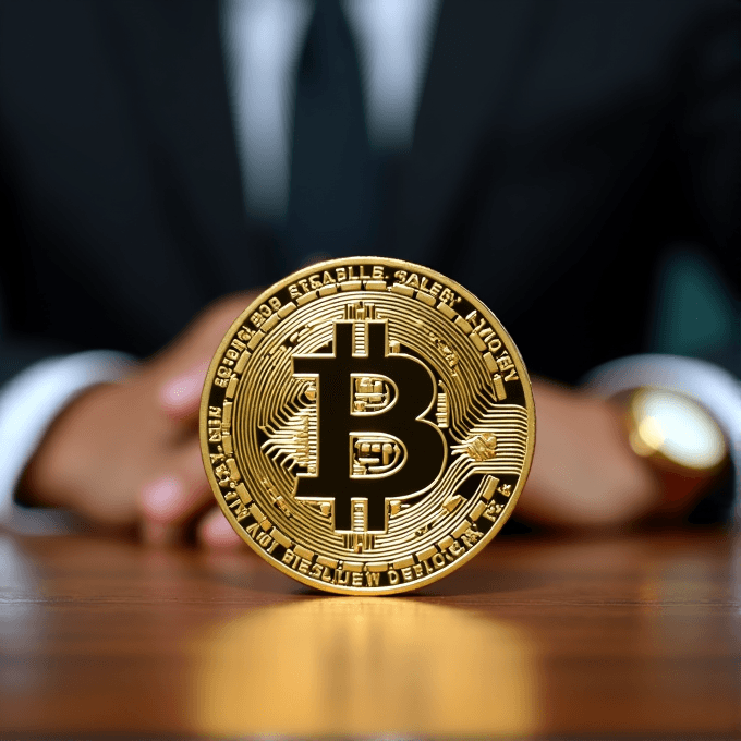 A person in a suit is positioned behind a large golden Bitcoin coin on a table.