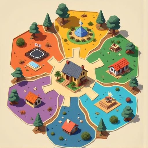 Stylized map of Malvinhaland featuring eleven unique themed worlds in a colorful hexagonal layout. Each world is distinctly colored and named, connected by winding paths. Iconic elements represent each world. Create an enchanting atmosphere.