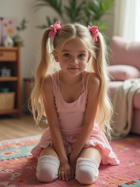 A teen girl kneels on a colorful rug in a softly lit living room. She wears a crop top and a pink mini skirt with lace thigh-high socks and simple shoes. Long blonde hair styled in twin tails with pink bows adds charm. The scene is warm and inviting.