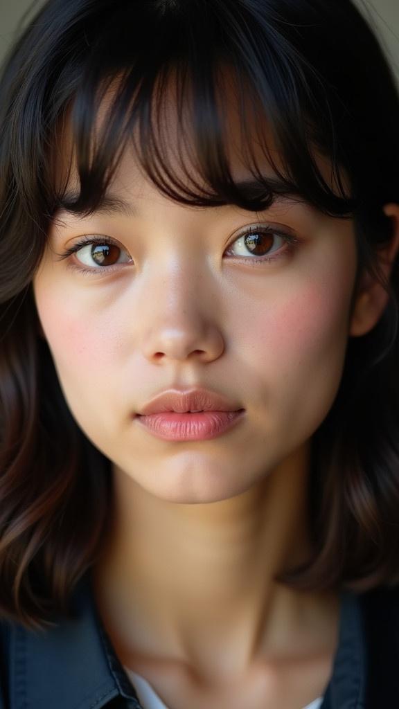 Close-up portrait of a young woman with glowing skin dark hair and brown eyes. Hair styled with bangs framing face. Wearing dark shirt with subtle peachy blush on cheeks. Soft even lighting highlighting sheen on skin. Focus on face capturing delicate features and slightly serious expression.