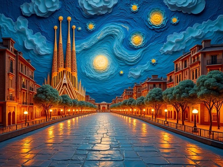 Nighttime scene of Barcelona with Sagrada Familia. Starry sky in Van Gogh style. Reflections of city lights on the square. Trees lining the street. Dramatic metallic color palette with gold and bronze. Detailed reflections and layered composition create depth. Curved perspective adds visual interest. Perfect for artistic representation of urban landscapes.