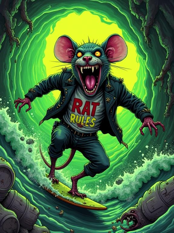 Grotesque mutant rat surfing through a deep sewer tunnel filled with fluorescent green toxic sludge. Rat has crazed expression, crooked teeth, and long drooling tongue. Wears spiked leather jacket and ripped shirt saying 'RAT RULES'. Skinny wiry body. Zombie rats crawl out of sludge. Colossal toxic wave towers behind with radioactive garbage and floating debris. Tunnel features rusted pipes and neon graffiti. Art style influenced by 1980s cartoon art with thick lines and psychedelic colors.