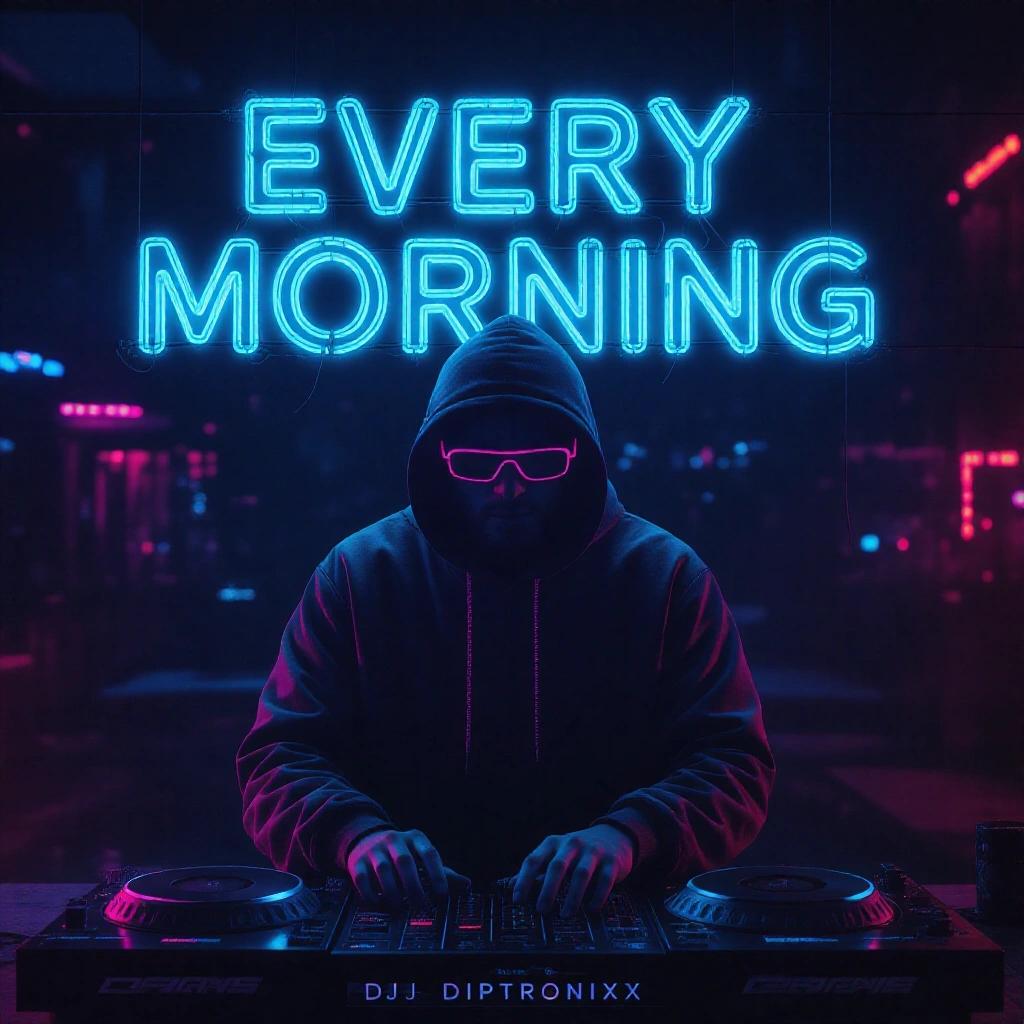 Dark artistic neon tech hip hop album cover with text. The image features a DJ in a hoodie with sunglasses. Neon blue and pink colors dominate the background.