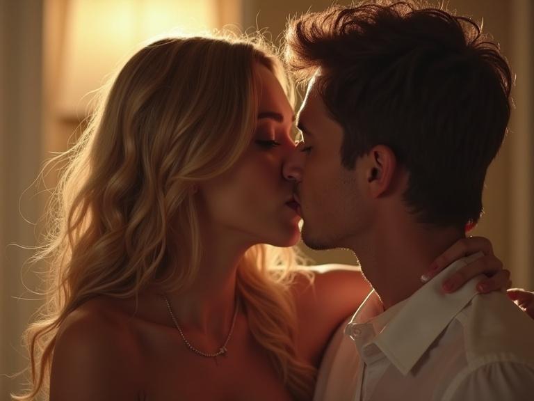 A romantic scene of a girl and guy kissing. Soft lighting enhances the mood. Focus on intimacy and affection.