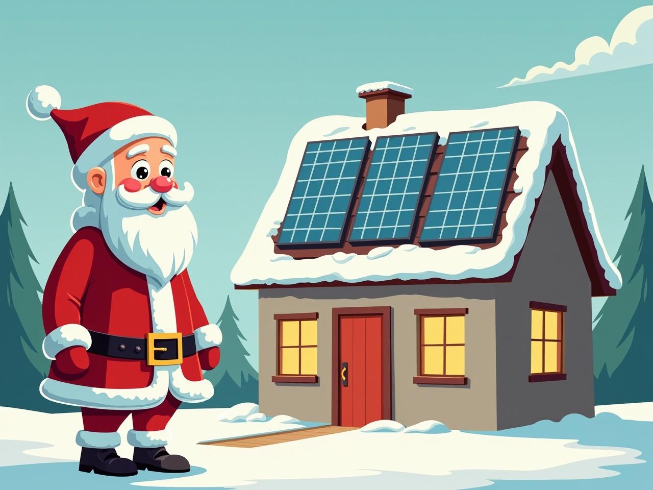 Santa Claus standing outside a house with solar panels on the roof. Cartoon style with snow and trees.