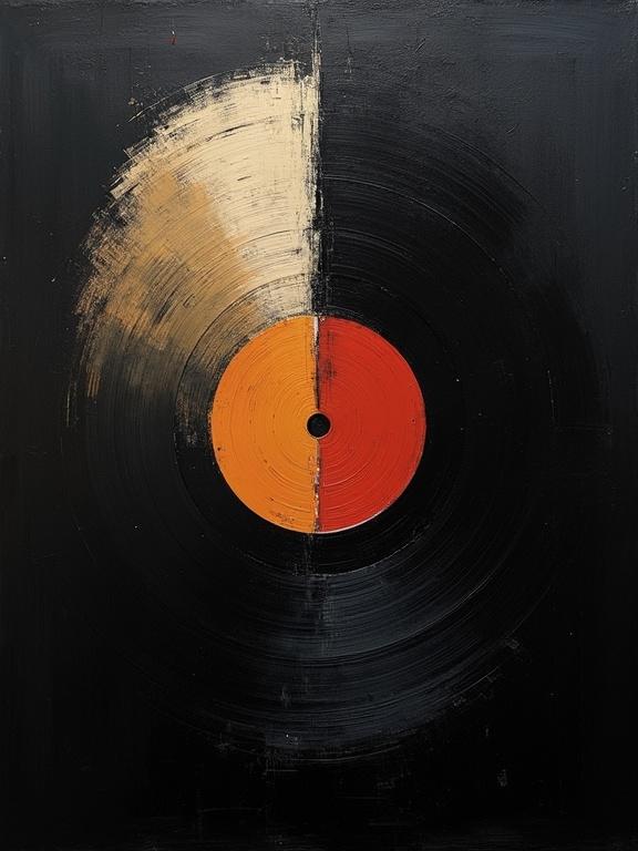 Digital abstract expressionist oil painting features a black background. Harsh paint strokes are visible. Cubist and unfinished artistic elements are present. Flat colors combine with dynamic silhouette design. Minimalist style showcases repeating voids shaped like a record album split in half, light and dark.