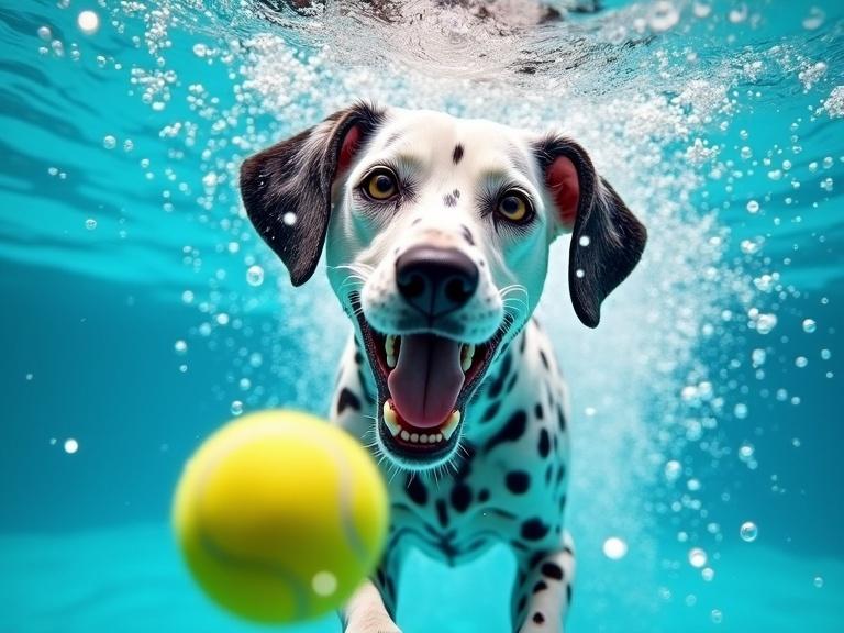 Underwater scene with a playful Dalmatian dog. Dog chasing a yellow tennis ball. Blue water with bubbles and sunlight. Dog's mouth open and eyes wide. Vivid details in the image.
