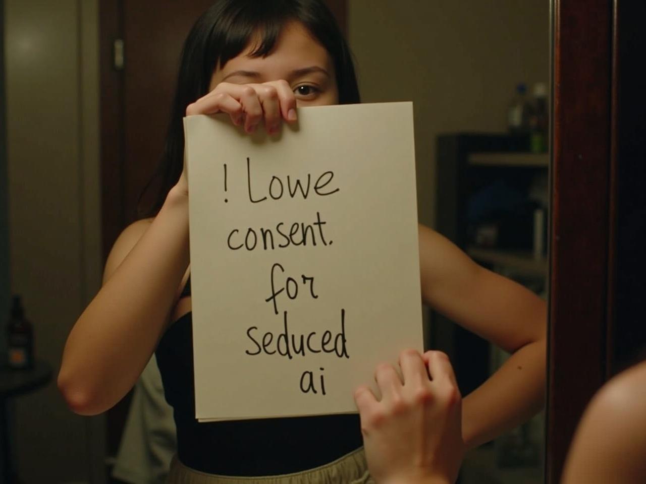 A girl is holding a paper in front of a mirror. The paper has a handwritten message that reads 'consent for seduced, ai'. Her arm and hand are visible as she holds the paper up. The setting is an indoor space with soft lighting, creating a warm atmosphere. The image has a grainy texture, adding to its intimate feel. The main focus is on the paper and the handwritten message.