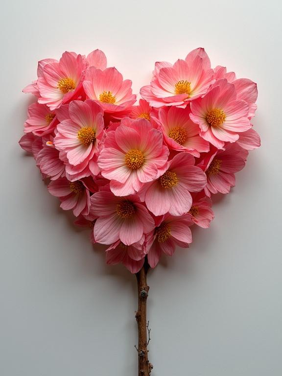 Heart-shaped arrangement made with delicate pink flowers. Intricate petals are clustered beautifully. A slender branch supports the structure. Soft background enhances floral colors.