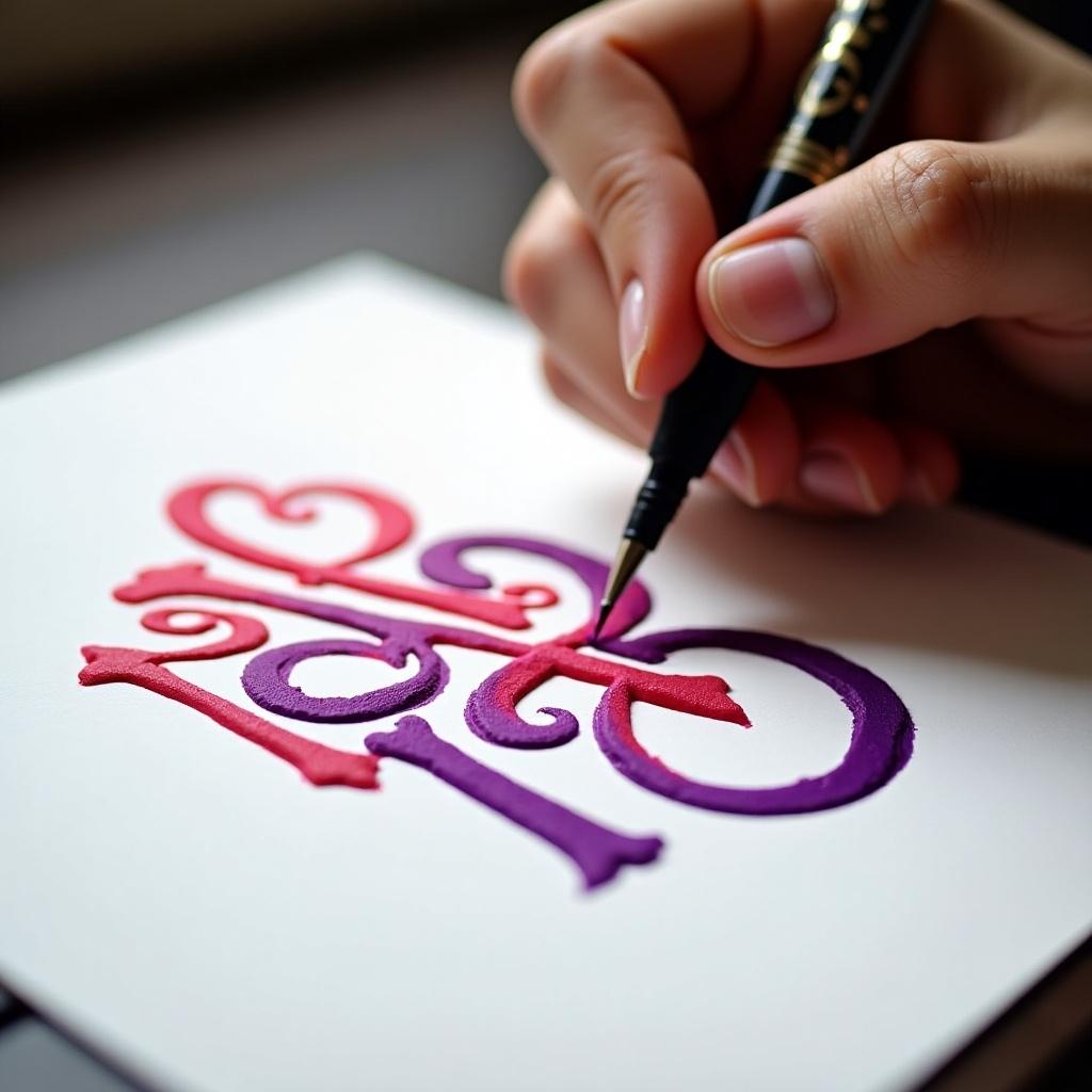 Image shows a person crafting Malayalam calligraphy. Bold ink in rich purple and red on white paper. Hand holding pen focuses on intricate details. Natural light enhances creativity in calligraphy.