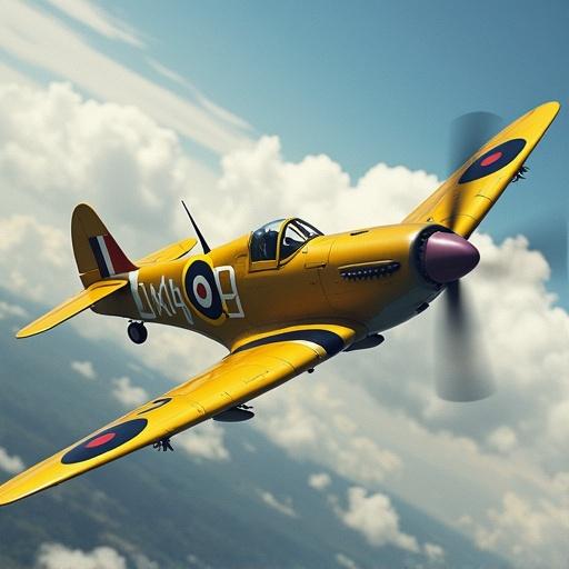 A yellow Supermarine Spitfire flying low against a backdrop of clouds
