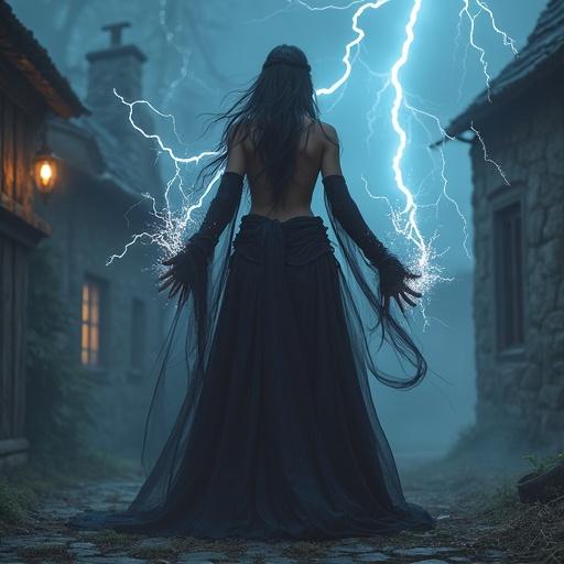 Sorceress casting a lightning bolt in a medieval village. Dark clothing and revealing design. Lightning strikes in the background.