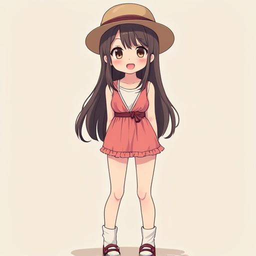 Anime character design of a modern girl. Full body view. Wearing a hat and casual outfit. Happy expression.
