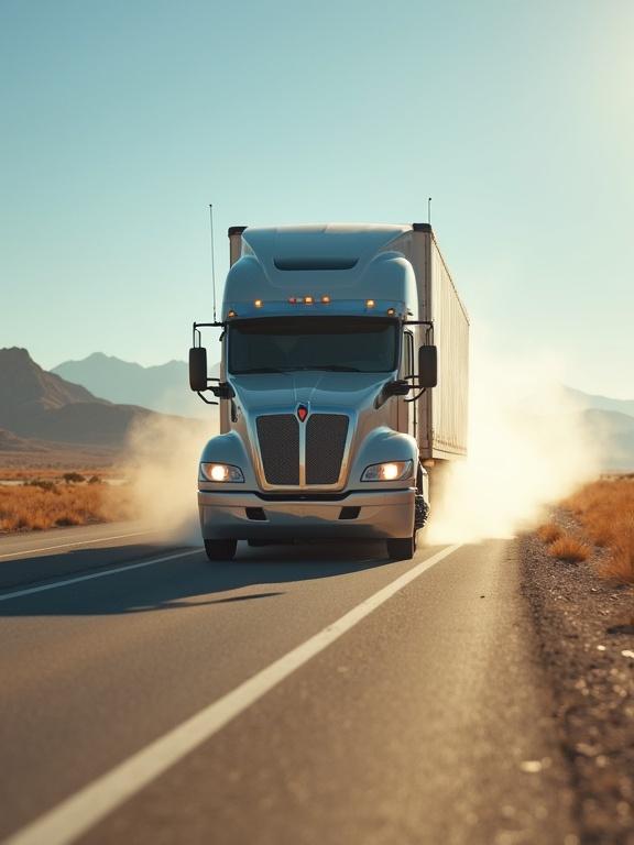 Semi-truck travels on desert highway. Camera captures low side view. Truck accelerates forward along road. Dust kicks up behind tires. Midday sunlight creates warm atmosphere. Mountains visible in background.