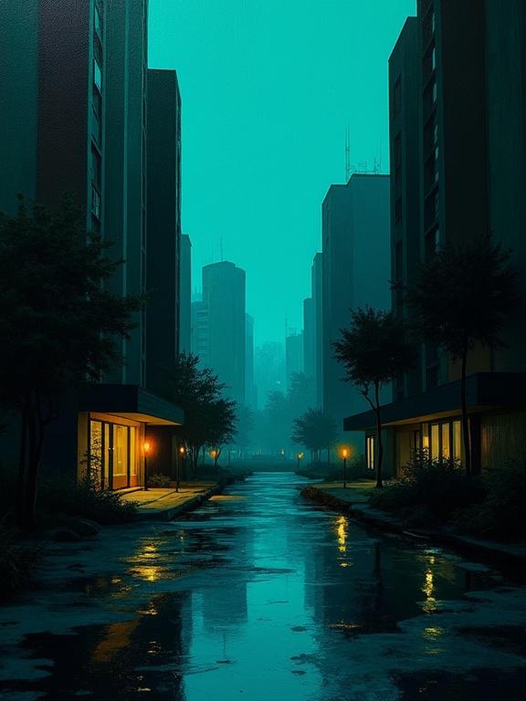 Digital oil painting featuring a cityscape in a noir 70's setting. Harsh paint strokes create a sense of depth. Utilizes flat colors with a predominant teal aqua theme. Unique silhouettes of living architecture line the street. A moody atmosphere invites reflection.