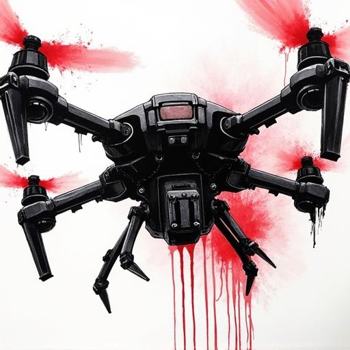 Artwork depicts a surveillance drone quadcopter in an ink painting style. The drone is black with red contrasts. The design incorporates biomechanical elements and muscle-like textures. It features a close-up view with fine linework. The style reflects influences from Blame! and Half-Life 2. Red paint drips emphasize a nightmarish quality.