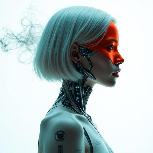 A dramatic surreal portrait photograph features a cyborg supermodel disappearing into a white background. Form is translucent showcasing circuitry and glowing lines that fade. Edges appear fragmented suggesting an ethereal transition. The model has a hauntingly beautiful expression illuminated by soft lighting, polished titanium accents integrated across the body. Dark metallic smoke curls upwards framing the head. A full body side portrait illustrates a stylish android with cybernetic enhancements and casual wear, complemented by tattoos. The android displays an emotionless look with vibrant features. The background presents a minimalistic white void with holographic elements, while soft clinical lighting accentuates the figure.
