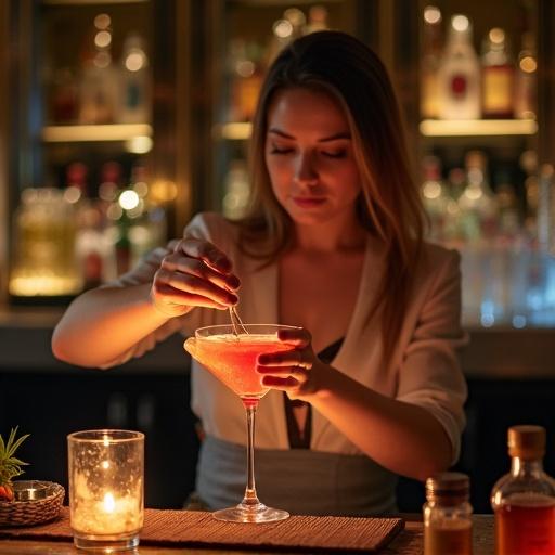 A female bartender makes a cocktail at the bar. The scene shows the bar with illuminated bottles. The bartender mixes ingredients into a glass. Warm lighting creates an inviting atmosphere.