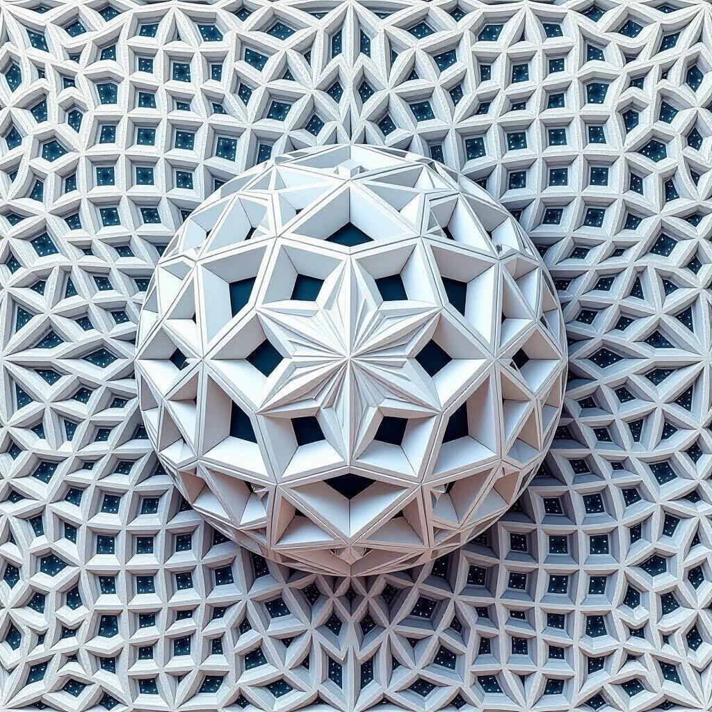 A 2D representation of a complex 3D geometric object. The design features a central spherical shape with star-like patterns. The background is filled with a repetitive lattice structure. The colors are primarily white and light gray, with accents of blue.