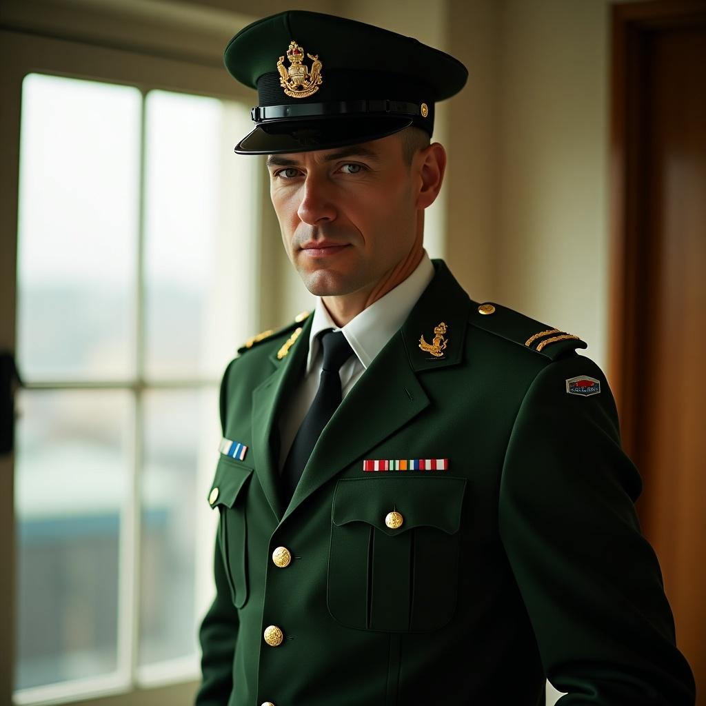 Man in military-style green uniform with a cap standing indoors near a window. The setting combines elements of authority and style.