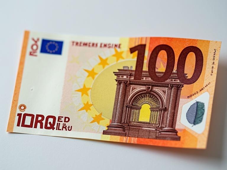 Image shows a 100 euro banknote featuring architectural elements and colorful design.