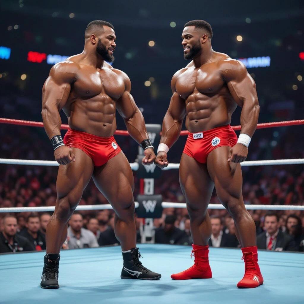 Muscle-bound athletes in a wrestling ring flexing against each other. Tight red briefs highlight their physiques. Audience visible in the background. Energetic atmosphere with spotlights.
