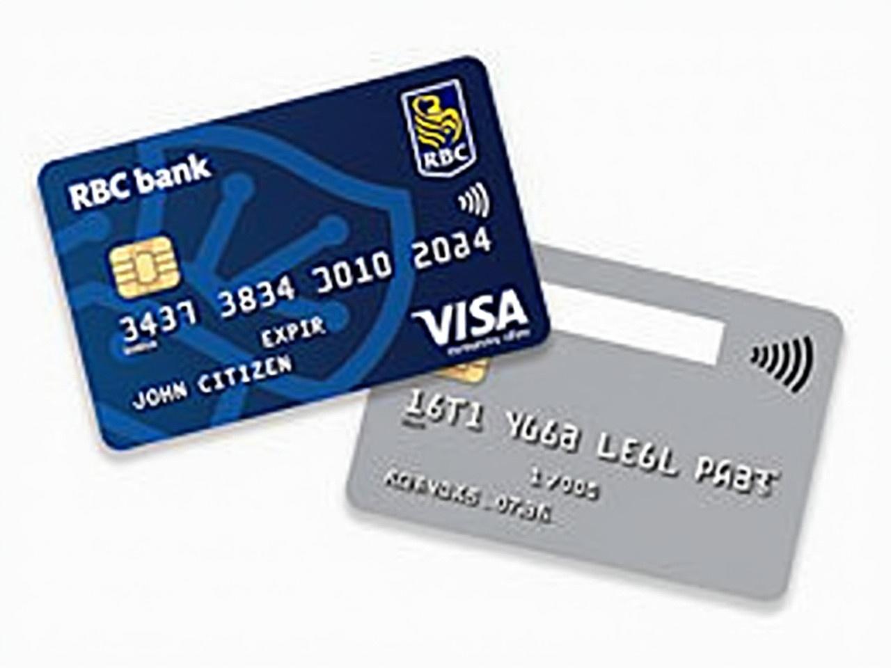 The image shows a bank card from RBC Bank. The front of the card features a chip, a unique card number, an expiration date, and the name 'John Citizen'. It also has a contactless payment symbol. The back of the card displays a magnetic strip, space for a signature, and a security code. The overall design incorporates a modern and digital aesthetic with a gradient pattern. This card design is meant for visual representation of banking services.