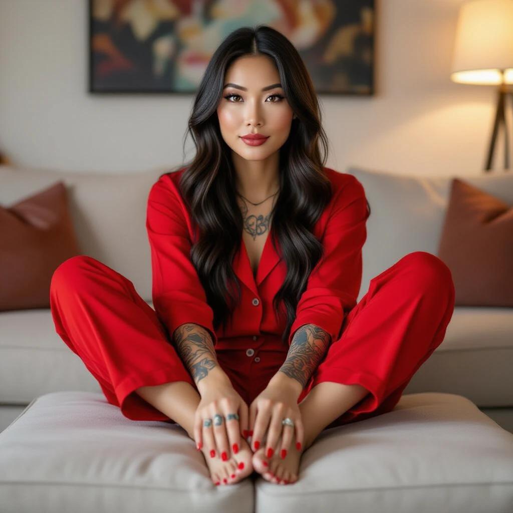 An Asian woman with long black hair and brown eyes. She has tattoos and red nails. Wearing red pajamas. Sitting on a couch in a living room. Soles and bare feet resting on a table. Stylish toe ring. Clean and aesthetically pleasing soles of bare feet.