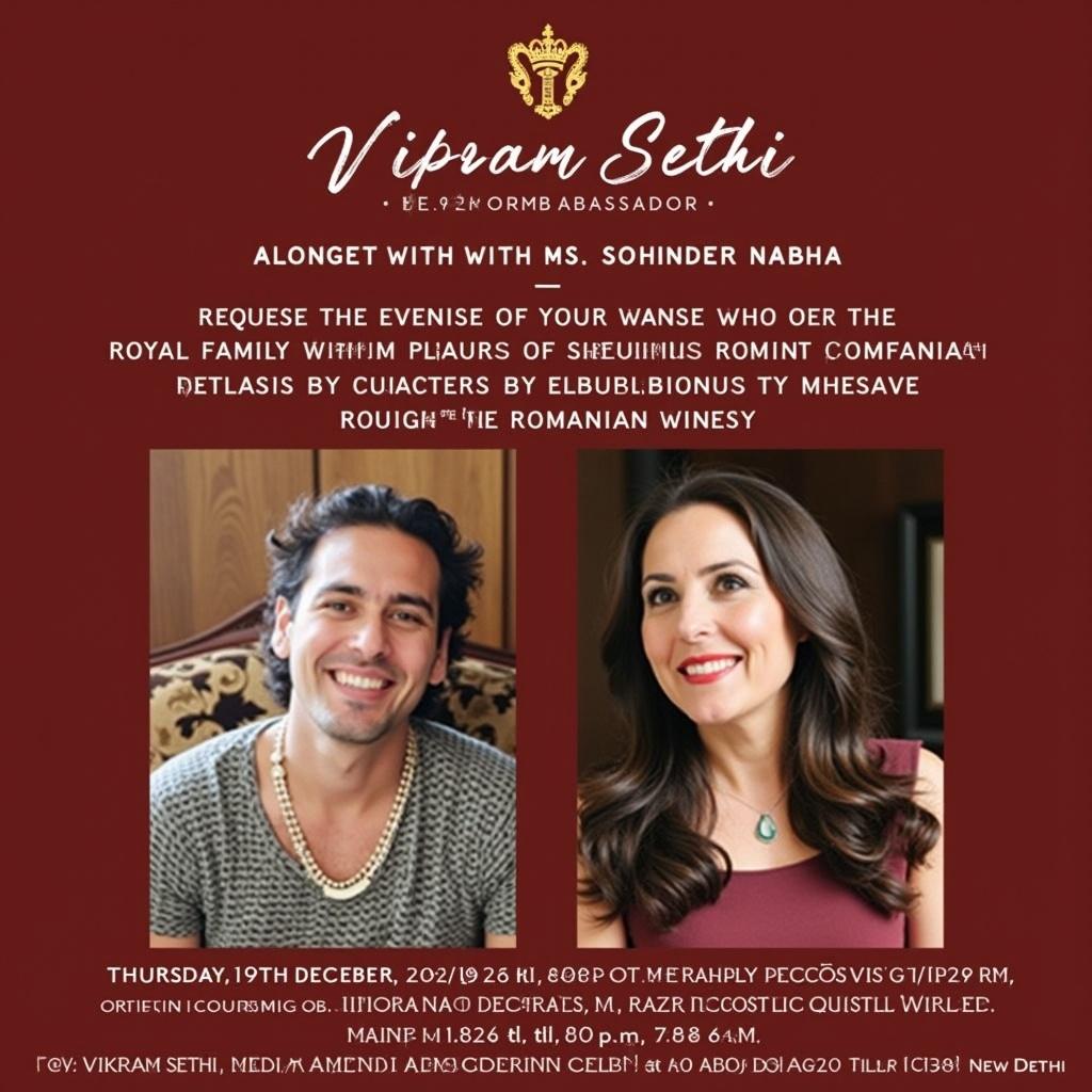 Invitation for a royal wine tasting event featuring exclusive Romanian wines. Honors the presence of Vikram Sethi and Ms. Sohinder Nabha. Event planned through the Romanian embassy in New Delhi on December 19, 2024.