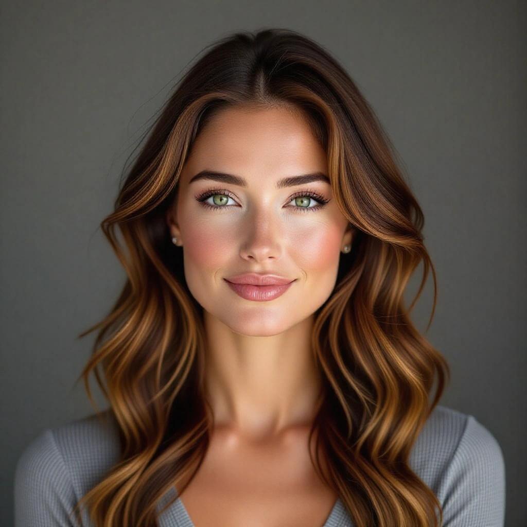 Photorealistic headshot portrait of a woman with long wavy auburn hair and natural green eyes. Displaying a fair complexion with subtle fine lines and symmetrical features. Wearing neutral-toned lips and a subtle smile, dressed in a gray bodysuit. Set against a gray background with studio lighting.