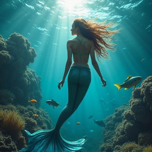 Underwater scene featuring a beautiful mermaid with a shimmering tail. Sunlight filters through the water creating a magical ambiance. The mermaid interacts with the aquatic environment, showcasing grace and beauty.