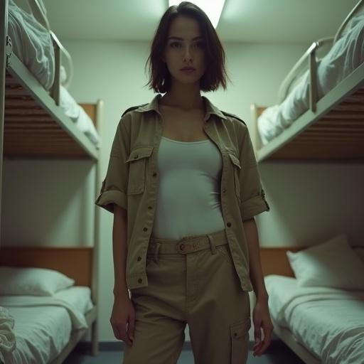 A close-up shot of a short petite female model. She wears a light beige short military jacket with matching beige pants. A white tank top is visible. The setting is a white dorm room with a bunk bed in the background. It is nighttime, illuminated by soft ceiling lights. The shadows and textures of the fabrics and dorm room are emphasized in the image.