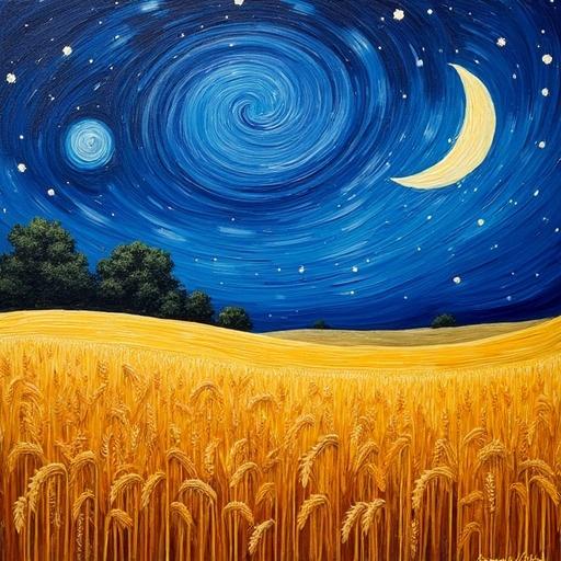 Tranquil wheat field under a swirling night sky. Oil painting. Post-impressionistic style. Inspired by Vincent van Gogh. 8K resolution. Thick impasto brushstrokes. Vibrant blues and yellows. Moonlight illuminating the scene.