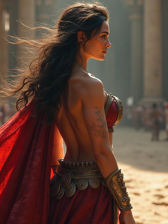 A character styled as Lady Godiva dressed as Spartacus. Detailed profile view showcasing intricate costume elements. Character is posed dramatically in a fantasy setting with historical elements. Rich colors and textures create an immersive visual experience.