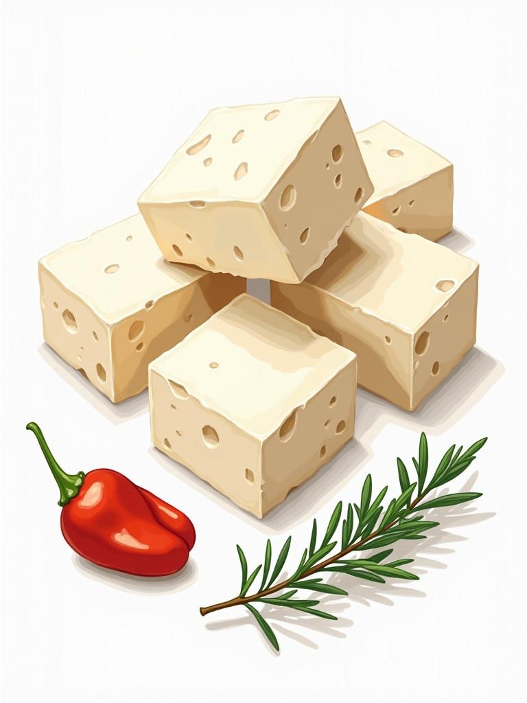 Illustration showing feta cheese cubes arranged in a stack. A red bell pepper sits next to the cheese. Sprigs of oregano are present with the cheese. Bright and colorful style is used in the depiction.